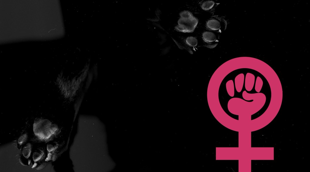 Två trampdynor sedda underifrån. de är svarta och omgärdade med mörker. Till höger en rosa feministsymbol